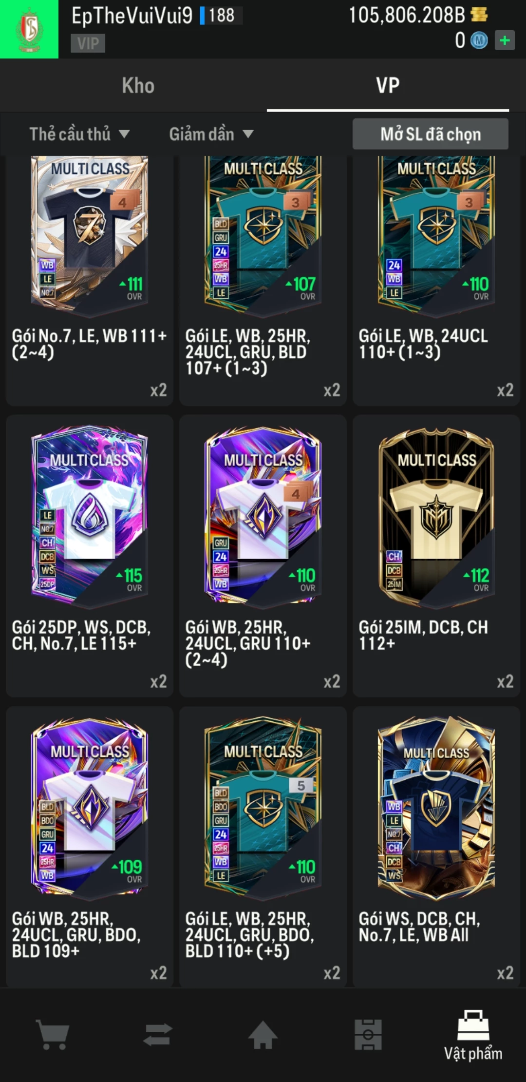 Ảnh ACC mở thẻ (LOẠI SVIP PROMAX) bao gồm có 01 thẻ +12, 03 thẻ PRIME (QH+, CP+, XS+) và hơn 1500+ đến 1600+ thẻ cầu thủ từ Siêu sao đến Miền núi các loại. Acc có sẵn BP trắng từ 90.000 tỷ BP đến 110.000 tỷ BP kèm theo nhiều ngày SVIP